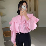 Yipinpay Sweet Pink Shirt Women Loose Long Sleeve Solid Ruffles Lapel Spring New Korean Chic Ladies Tops Elegant Fashion Blouses