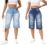 Yipinpay Summer New High Stretch Calf-Length Jeans For Women Fashion Ripped Slim Fit Butt Lift Denim Straight Legs Casual Clothing