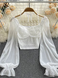 Yipinpay Polka Dot Folds Short Blouse Summer Slash Neck Long Sleeve Women Tie Halter Elastic Waist Fashion French Beach Top
