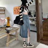 Yipinpay Blue Washed Denim Midi Skirt For Women Fashion Y2k Casual Loose Straight Long Skirts Jeans Knee Length A Line Waist Female