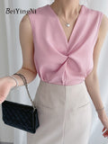 yipinpay Women Vest Blouses Cross V-neck Sleeveless Sexy Office Ladies OL Blusas White Casual Korean Elegant Tops Black Pink
