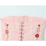 Yipinpay High Quality Women Floral Embroidery Beading Pink Strapless Top Lacing Up Bandage Back Female Summer Sexy Crop Top