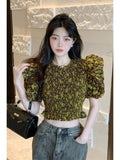 Yipinpay Mujer De Moda Sexy Floral Blouse Print Crop Top O Neck Ruffles Summer Shirts for Women 2023 Slim Shirt Femme Chic