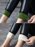 Yipinpay Autumn Winter New Thermal Leg Warm Women's Leggings Leather High Waist Fleece Velvet Black Tights Sexy PU Faux Female Pants
