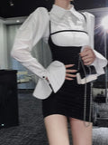 Yipinpay Shirt Women New Sexy Suspender Mini Flare Sleeve Blouse Slim Tops Short Black Strap Dress Sets Wild 2 Piece Suits Fall