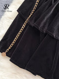 Yipinpay Ruffles Senior Slim Party Dress Strapless Off Shoulder Sleeveless Golden Chain Women Vintage Velvet Short Sexy Dress