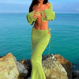 Yipinpay Sexy Women 2 Pieces Skirts Outfits Solid Color Long Sleeve Cardigan Crop Tops + Side Cutout Tie-Up Long Skirt Set S M L