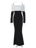 Yipinpay Off-Shoulder Patchwork Slim Maxi Dress For Women Long Sleeve High Waist Elegant Backless Party Dress Female Autumn Outfit