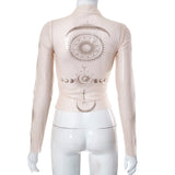 Yipinpay Fairycore Chic T-shirt Women Streetwear Aesthetic Emo Alt Print Long Sleeve See Through Mesh Crop Tee Tops Femme