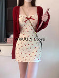 Yipinpay 2 Piece Dress Set Woman Red Long Sleeve Cardigan + Strap Floral Y2k Mini Dress Party Korean Fashion Suit 2024 Autumn Chic