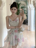 Yipinpay Sexy Dresses Women Floral Printed Swinging Collar French Style Chic Summer Elegant Sweet Dress Ladies Backless Vintage