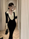 Yipinpay Knitted Dresses Women French Style V Neck Autumn Winter Basic Contrast Slim Stretch Elegant Dress Ladies Fashion