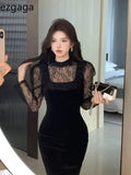 Yipinpay Vintage Elegant Dresses Women Lace Ruffles Patchwork Velvet Long Sleeve Slim Stretch Split Temperament Dress Ladies Black