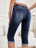 Yipinpay New Women Summer Ripped Mid Waist Jeans Fashion Elastic Slim Calf-Length Denim Pencil Pants Casual Female Clothing S-2XL