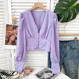 Yipinpay Women Blusas Casual Long Sleeve Elegant Sexy V-neck Blouses Ladies Buttons Crop Top Female Slim Fashion White Shirts