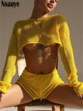 yipinpay Sexy Knitted Casual Tracksuit Women Two Piece Set Y2K Hollow Out Long Sleeve Tops Mini Shorts Fashion Summer Suit 2023