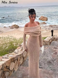 Yipinpay Sexy Off Shoulder Slim Dresses Women Long Flare Sleeve Hip Package Midi Dress 2024 Spring New Female Beach Robes