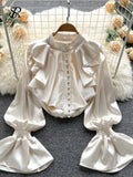 Yipinpay High Quality Satin Loose Shirt Long Flared Sleeves Ruffles O Neck Beading Women Gentle Office Lady Casual Blouse