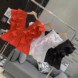 Yipinpay Red V Neck Blouse Layered Ruffled Sleeveless Chiffon Shirt Waist Design Crop Top Femme Shirts for Women Blusas White Flying