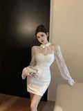 Yipinpay Woman Dresss Sexy Stand Collar Lace Patchwork Slim Rhinestone Hollow Out Flare Long Sleeve Slim Elegant Dress Party