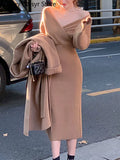 Yipinpay Elegant Long Knitting Dress Women Autumn Sexy Off Shoulder Chic Y2k Dress 2023 Vintage Casual Evening Party Sweater Dress