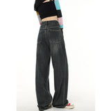 yipinpay Black Women Jeans Ripped American Fashion High Waist Streetwear Style Wide Leg Jean Trouser Female Baggy Denim Pants