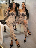 Yipinpay Simenual Sexy Clubwear 90s Rave Printed Mesh Women Two Piece Set Y2K Off Shoulder Bodysuit See Through Skinny Pants Co Ord Suits