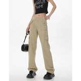 yipinpay Women Bottoms Khaki Vintage Cargo Jeans Fashion Pocket High Waist Wide Leg Pants Casual Street Baggy Denim Trouser Ladies Summer
