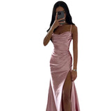 Yipinpay Satin Backless Side Split Maxi Dress Women 2024 Summer Sexy Slim Off Shoulder Ruched Bodycon Female Party Evening Dresses