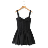 Yipinpay Sexy Women French Style Spliced Lace Sling Dress Vintage Cross Bandage Back Low Waist Swing Ladies A-line Party Mini Robe