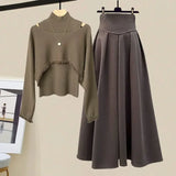 Yipinpay Spring Autumn New Korean Elegant Knit Tassel Cover Up+Half High Collar Bottom Sweater+Midi Skirt 3 Piece Women Dress Suit