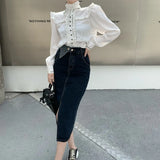 Yipinpay Blusas Mujer De Moda Fall French Court Style Vintage Shirt Bowknot Fungus Shirt White Top Letter Blouse Ribbon Shirts