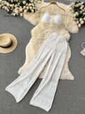 Yipinpay Women Summer Design Knitted Set Sexy Backless Halter Short Tops+Chic Hollow Knitted Wide Leg Long Pants Two Piece Suit