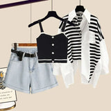 Yipinpay Women's Summer New in Matching Set Korean Elegant Stripe Sunscreen Shirt Tank Top Denim Shorts Three Piece Female Clothing Suit