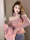 Yipinpay Hot Girl Flare Sleeved Sweater Women's Autumn and Winter Off Shoulder Slash Neck Knitted Pullover Fashion Female Clothes