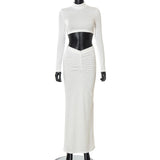 Yipinpay 2 Piece Set Outfits for Women Club Party Top and Dress Sets Elegant White Long Sleeve Long Ruched Matching Sets maxi skirt
