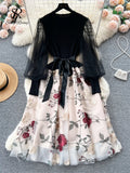 Yipinpay Senior Knitted Patchwork Dress Long Lantern Sleeves Bow Mesh Embroidery Floral Women Autumn France Elegant Party Dress
