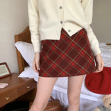 Yipinpay Y2k High Waisted Red Midi Skirts For Women Fashion Khaki Grey Bottoms Winter Woolen A Line Plaid Mini Skirt Hip Female