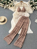 Yipinpay Women Summer Design Knitted Set Sexy Backless Halter Short Tops+Chic Hollow Knitted Wide Leg Long Pants Two Piece Suit