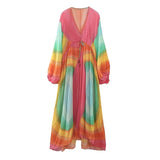 Yipinpay 2023 Tie Dye Long Dress Women Ruched Chiffon Midi Dress Woman Long Sleeve Summer Dresses Asymmetric Holiday Party Dresses