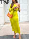 Yipinpay Asymmetrical Long Dress Women Yellow Satin Dress Woman One Shoulder Elegant Party Dresses 2023 Ruched Midi Summer Dresses