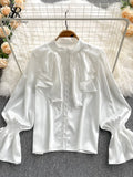 Yipinpay High Quality Satin Loose Shirt Long Flared Sleeves Ruffles O Neck Beading Women Gentle Office Lady Casual Blouse