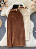 Yipinpay Women Korean Split Sexy Long Skirt 2024 Winter Corduroy Slim Thick Streetwear Fashion Vintage Autumn Bodycon Skirt