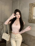 Yipinpay Hot Girl Lace Slim Fit T-shirt for Women's Autumn and Winter Pure Sexy V-neck Long-sleeved Top Fashion Female Clothes