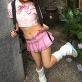 Yipinpay Japanese Y2k Pleated Skirt Women Pink Harajuku Kawaii Low Waist Embroidery A-line Mini Plaid Skirt Sexy Gyaru Summer