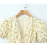 Yipinpay New Women Vintage Puff Short Sleeve V Neck Yellow Floral Print Dress Pleated Hem Female Holiday Summer Mini Robe