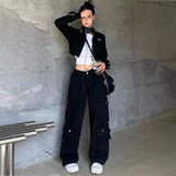 Yipinpay Grunge Zip Up Hoodie Streetwear Women Korean Fashion Casual Slim Sweatshirts Striped Black Long Sleeve Cropped Hoodie