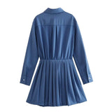 Yipinpay Blue Shirt Dress Woman Striped Pleated Short Dresses For Women Long Sleeve Casual Summer Women's Dresses Button Mini Dress