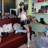 Yipinpay Vintage Y2k Mini Skirt Women Harajuku Sexy Gyaru Low Rise Drawstring Patchwork Sporty Micro Skirt Cute Egirl Streetwear
