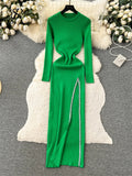 Yipinpay Streetwear Knit Split Dress O Neck Long Sleeves Slim Fit France Elegent Ladies Autumn Evening Party Bodycon Long Dress